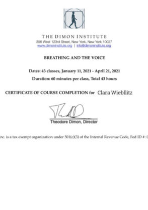 Zertifikat Breathing and the Voice 2021 The Dimon Institute